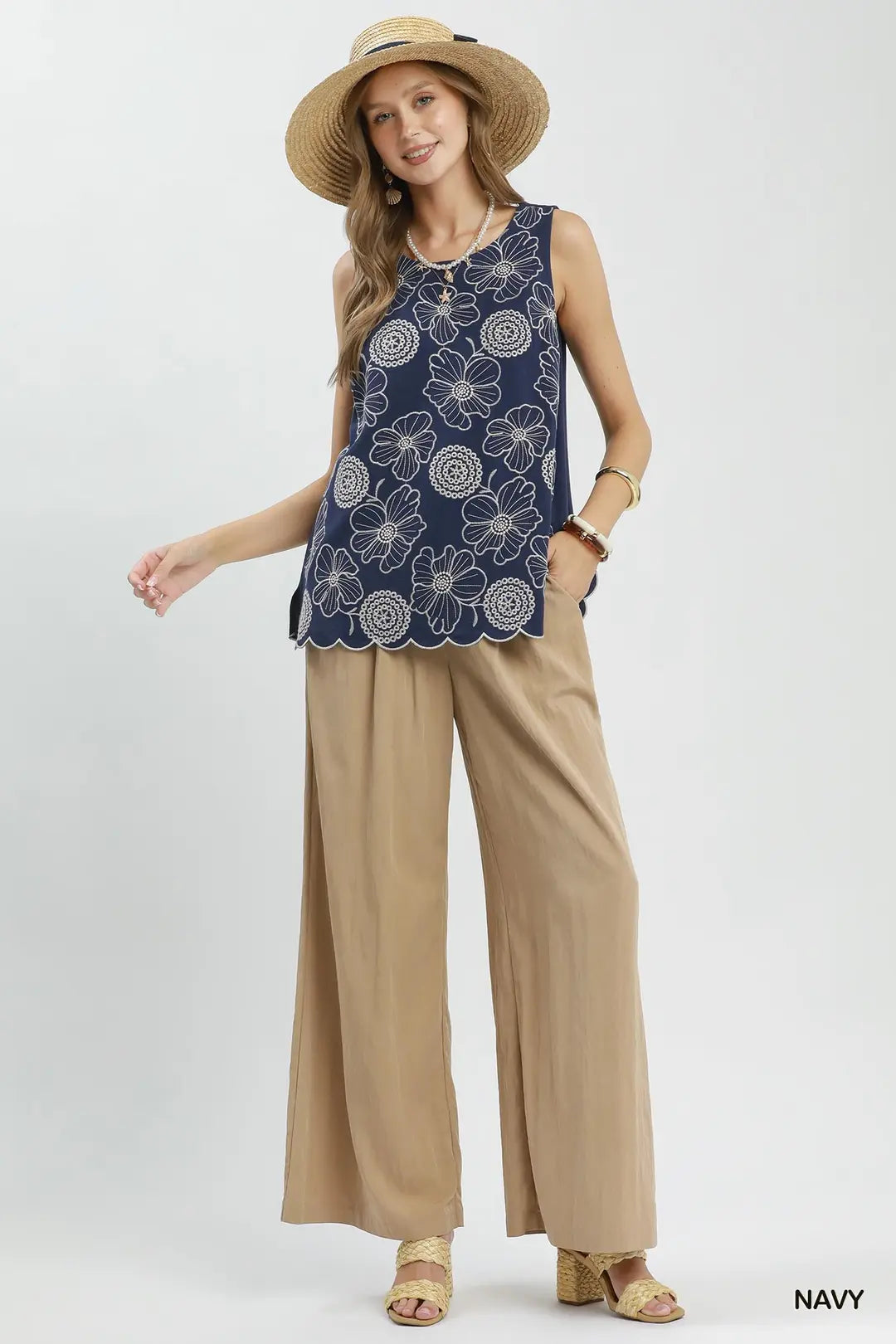Umgee Floral Embroidered Sleeveless Top - Navy - NAVY / S