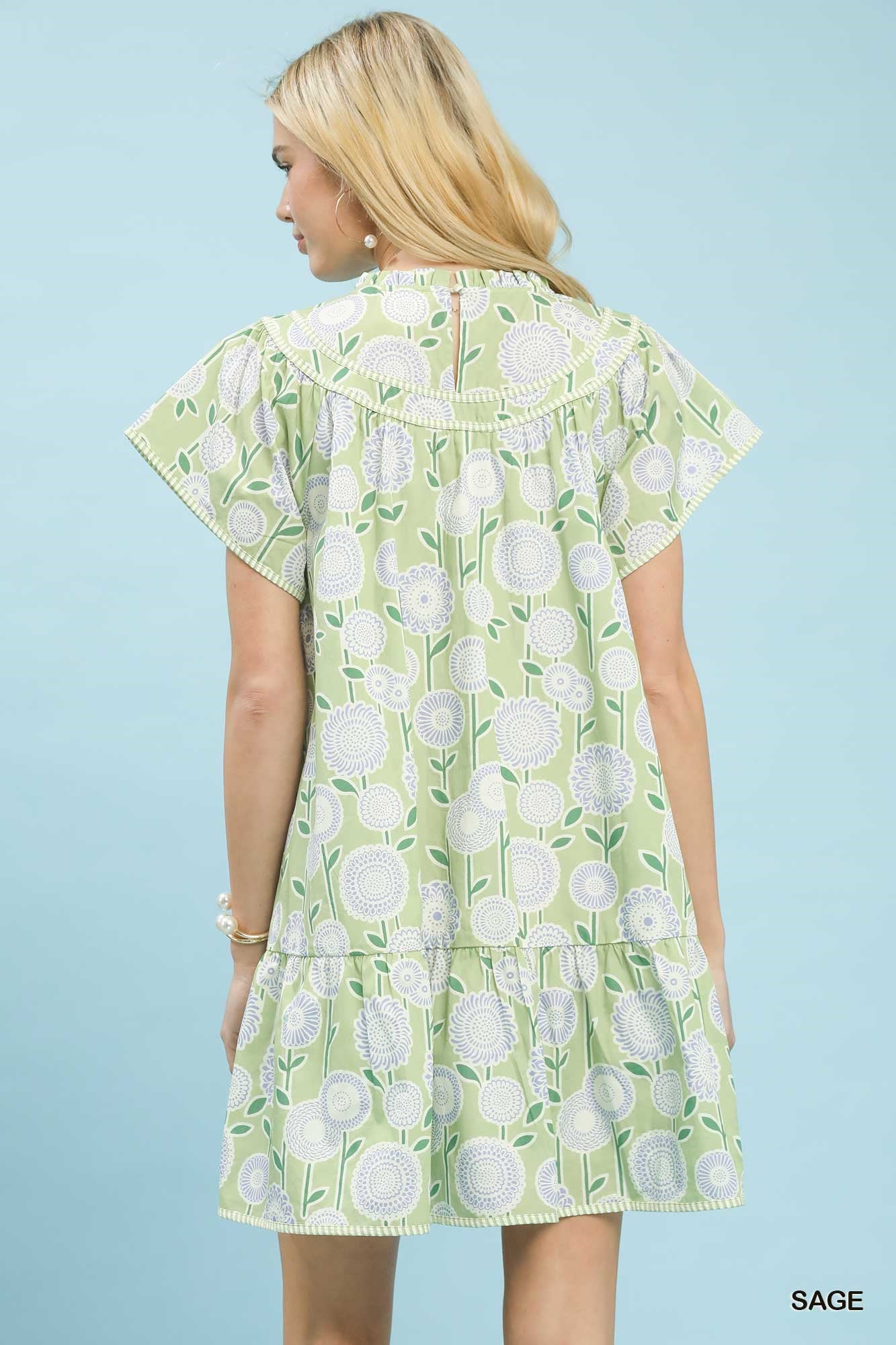 Umgee Floral Print Tiered Babydoll Dress - SAGE / S