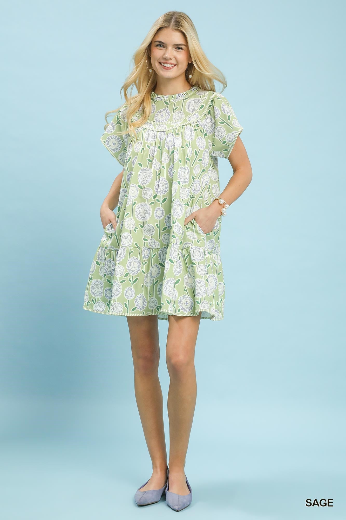 Umgee Floral Print Tiered Babydoll Dress - SAGE / S