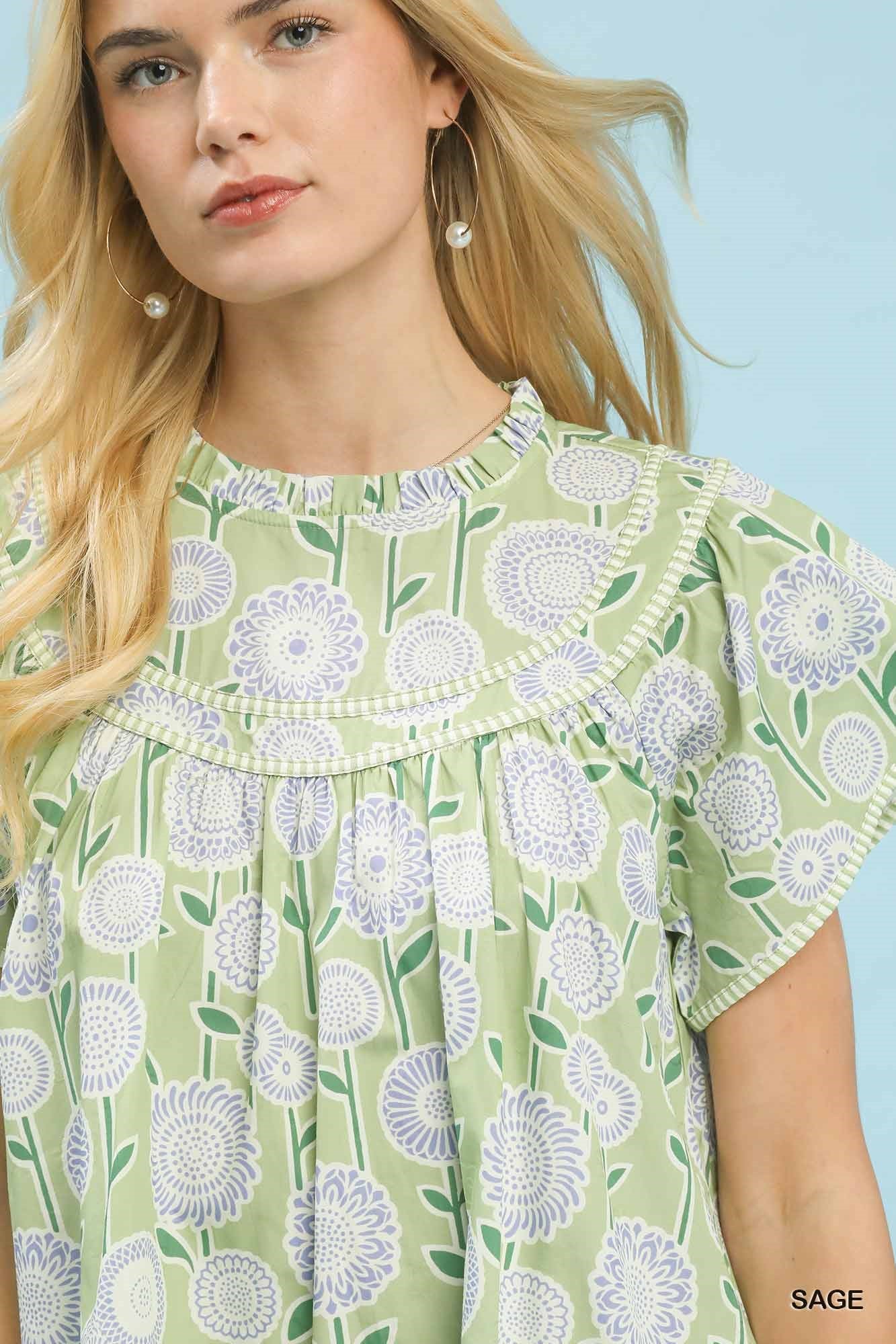 Umgee Floral Print Tiered Babydoll Dress - SAGE / S