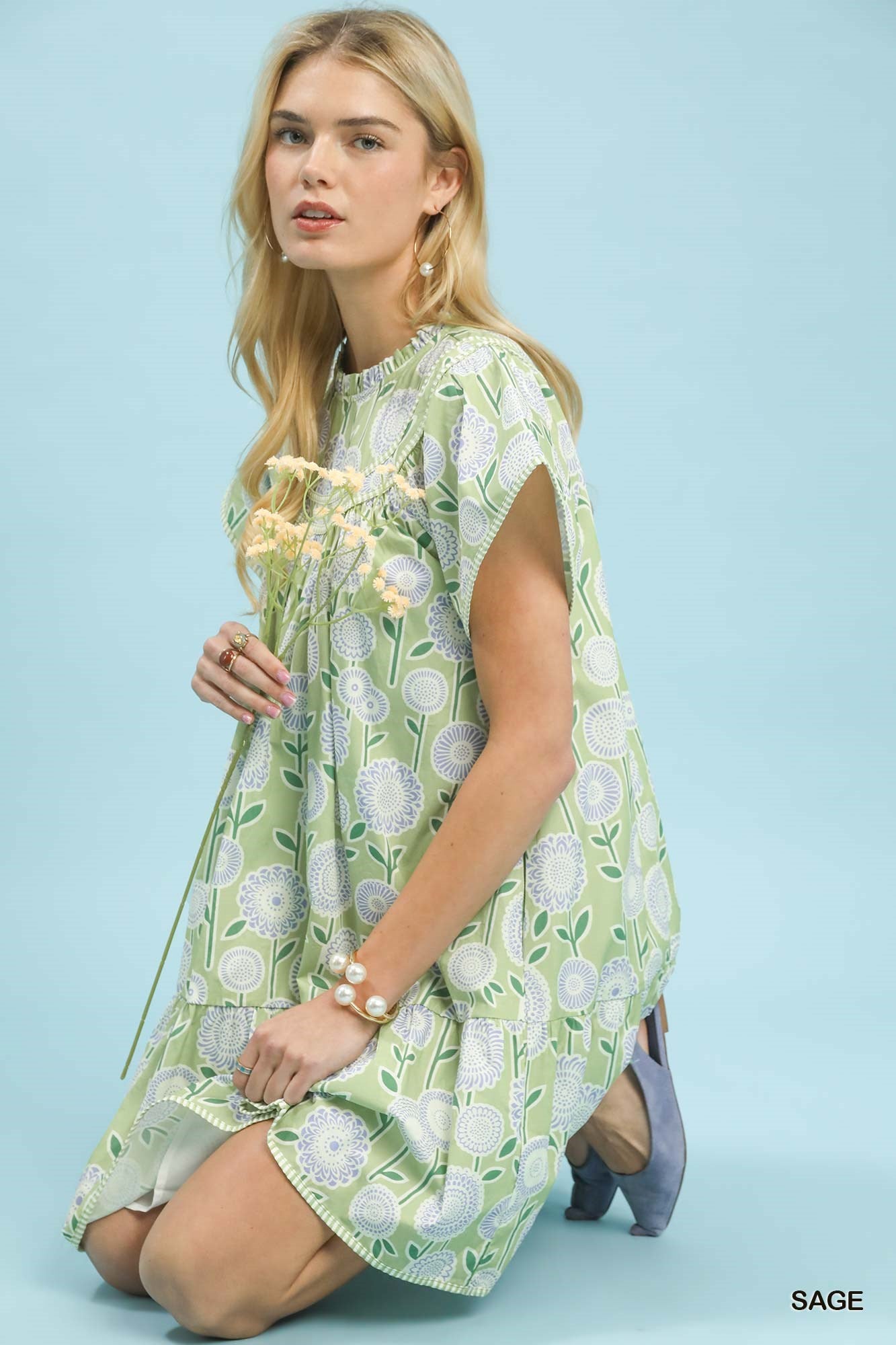 Umgee Floral Print Tiered Babydoll Dress - SAGE / S