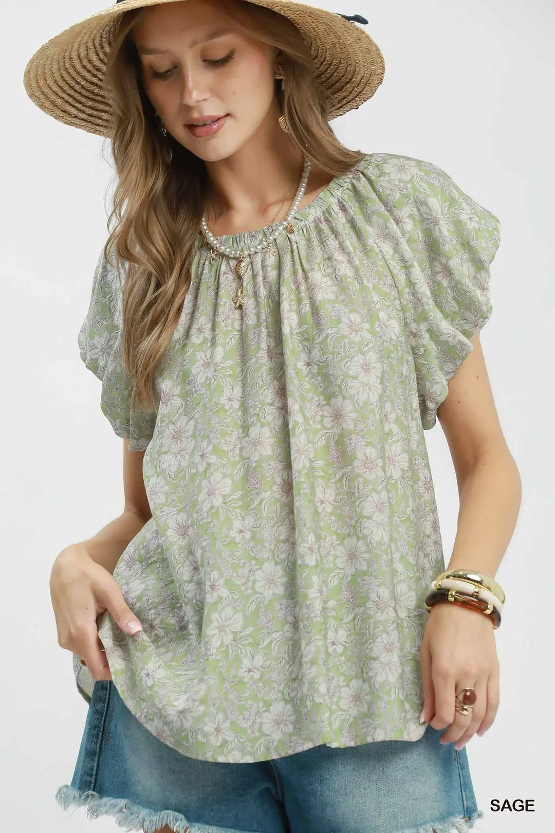 Umgee Floral Puff Sleeve Blouse - SAGE / S