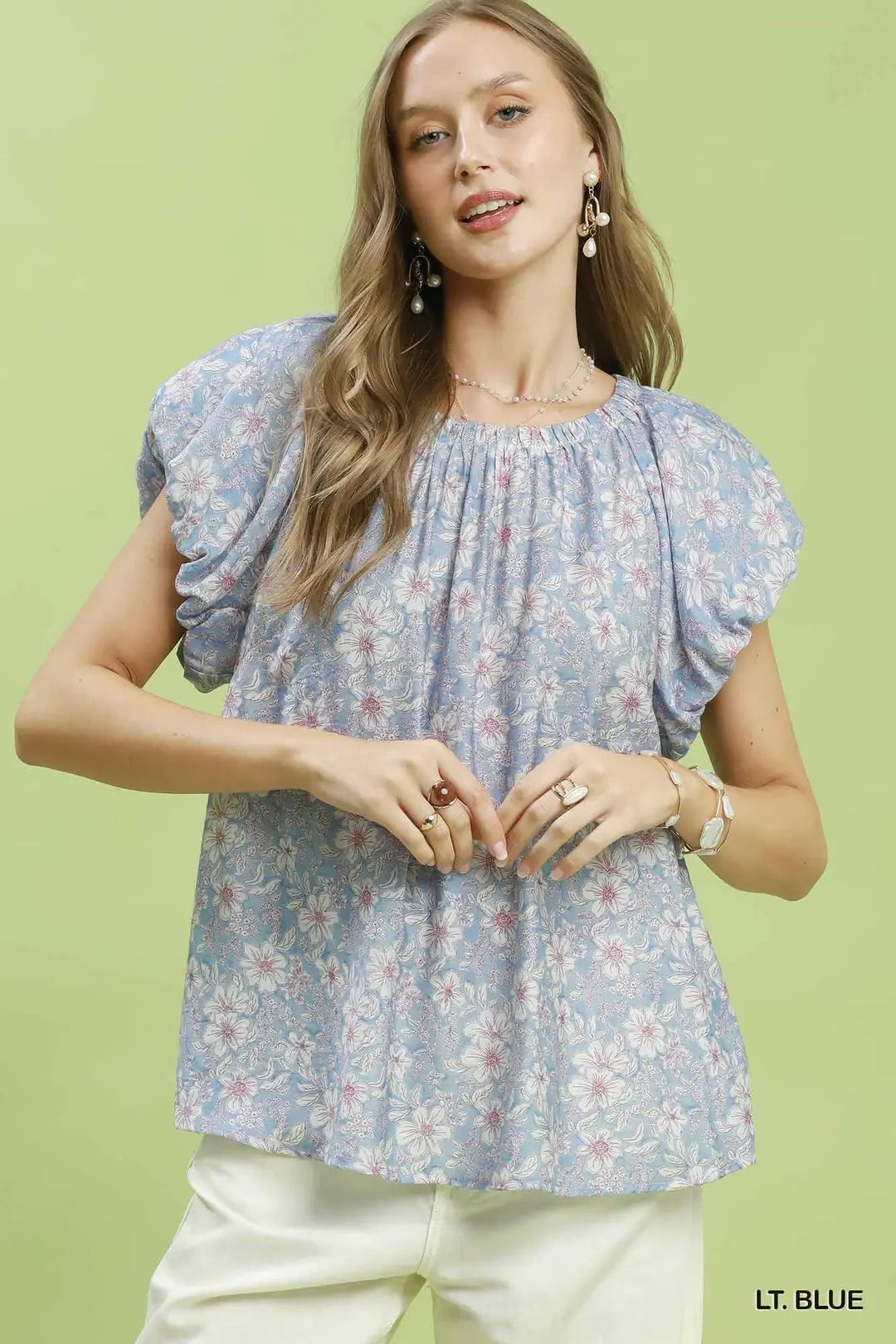 Umgee Floral Puff Sleeve Blouse - LT. BLUE / S