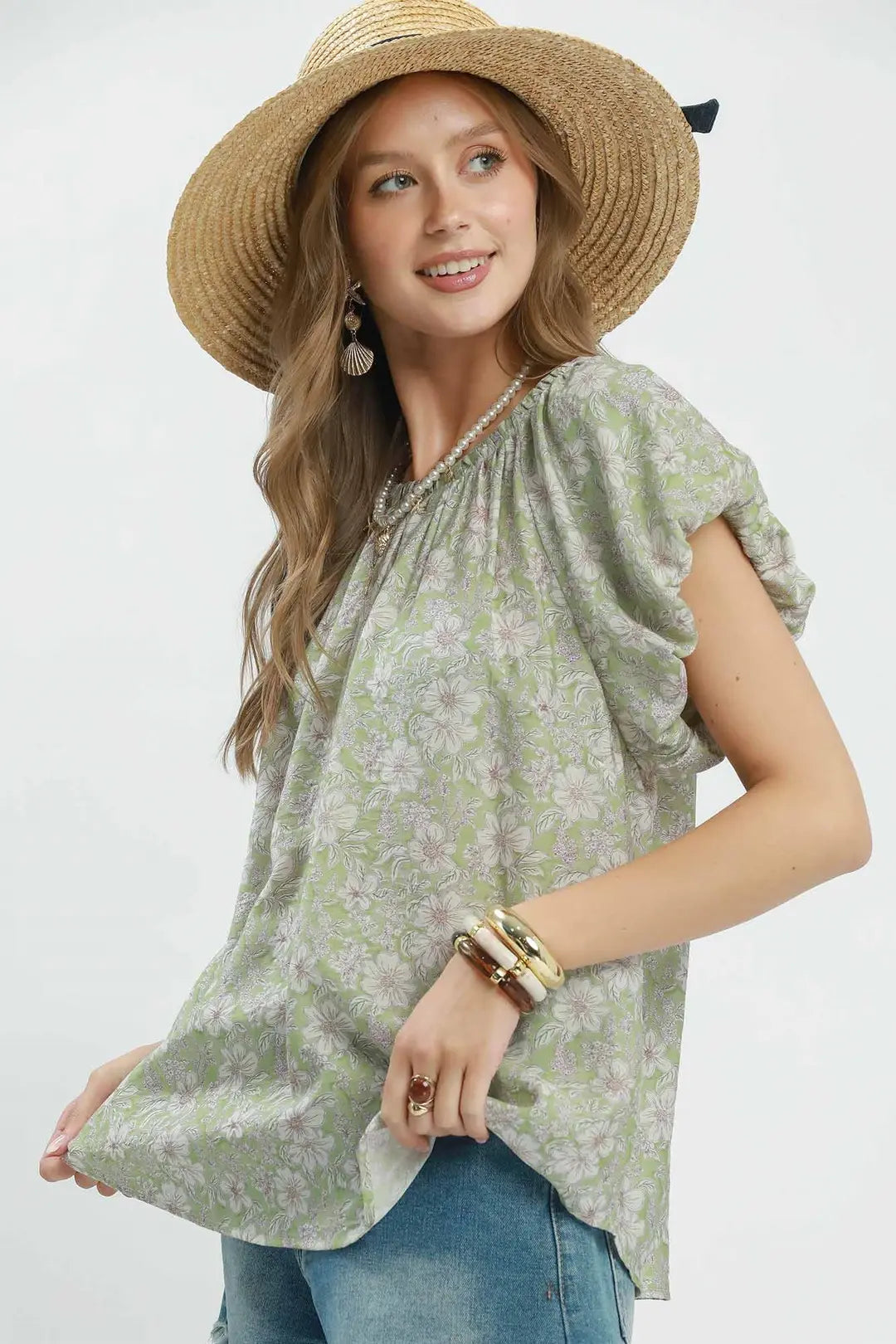 Umgee Floral Puff Sleeve Blouse - SAGE / S