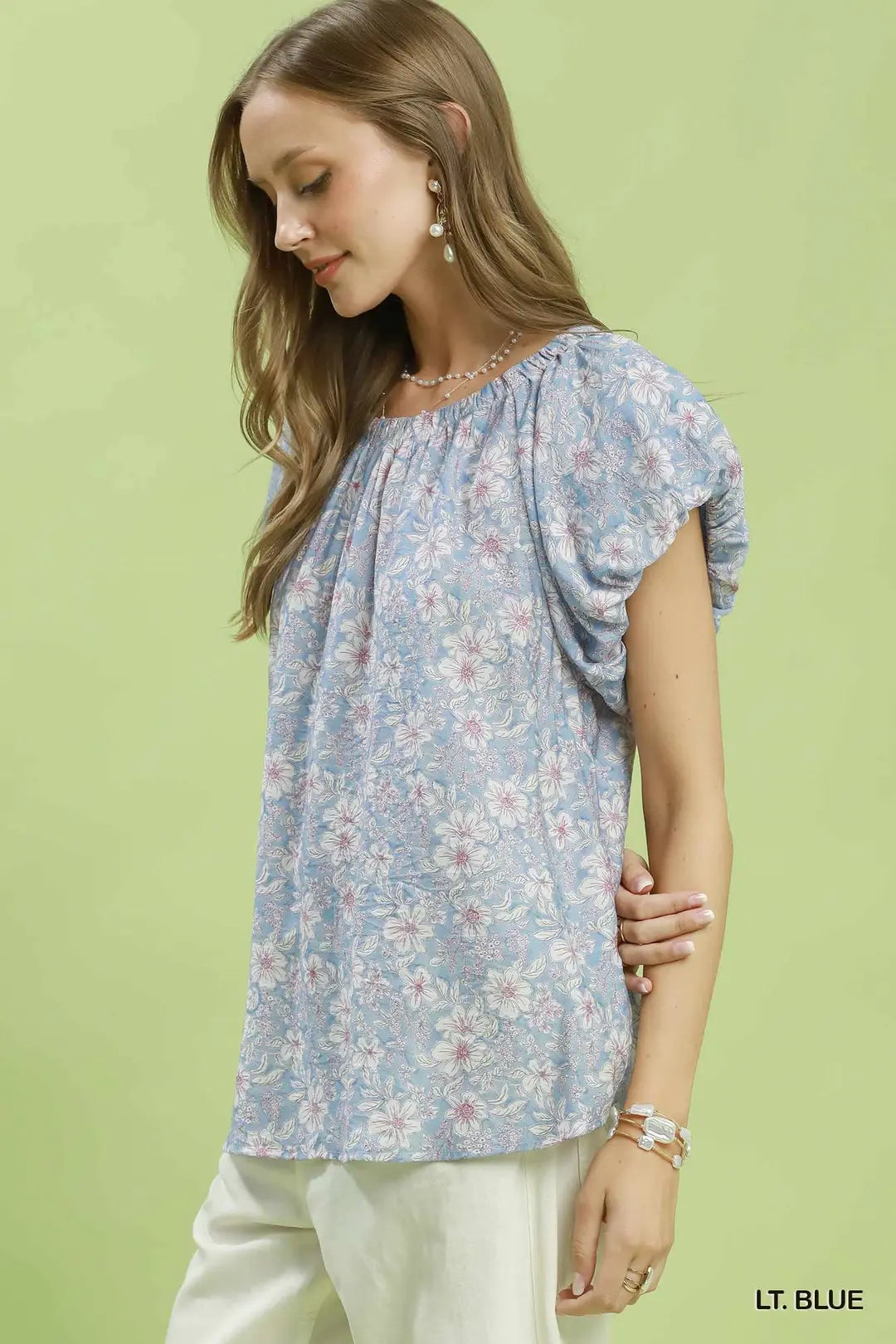Umgee Floral Puff Sleeve Blouse - LT. BLUE / S