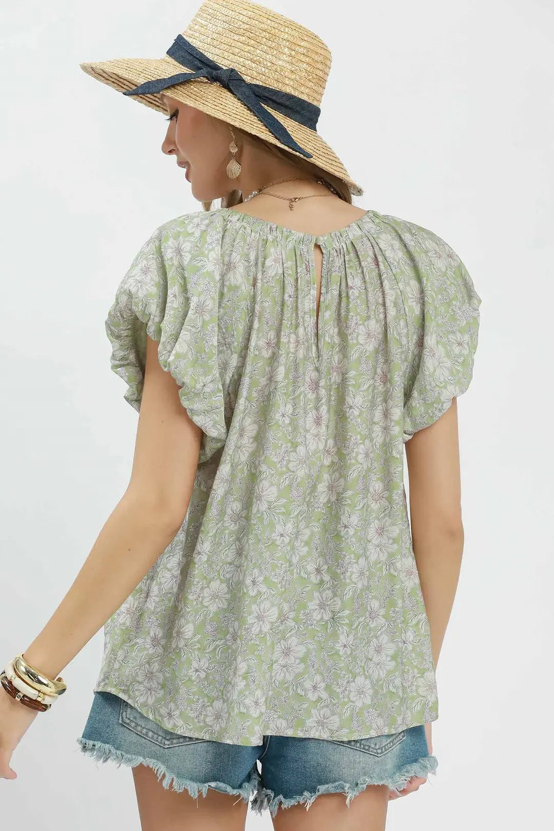 Umgee Floral Puff Sleeve Blouse - SAGE / S