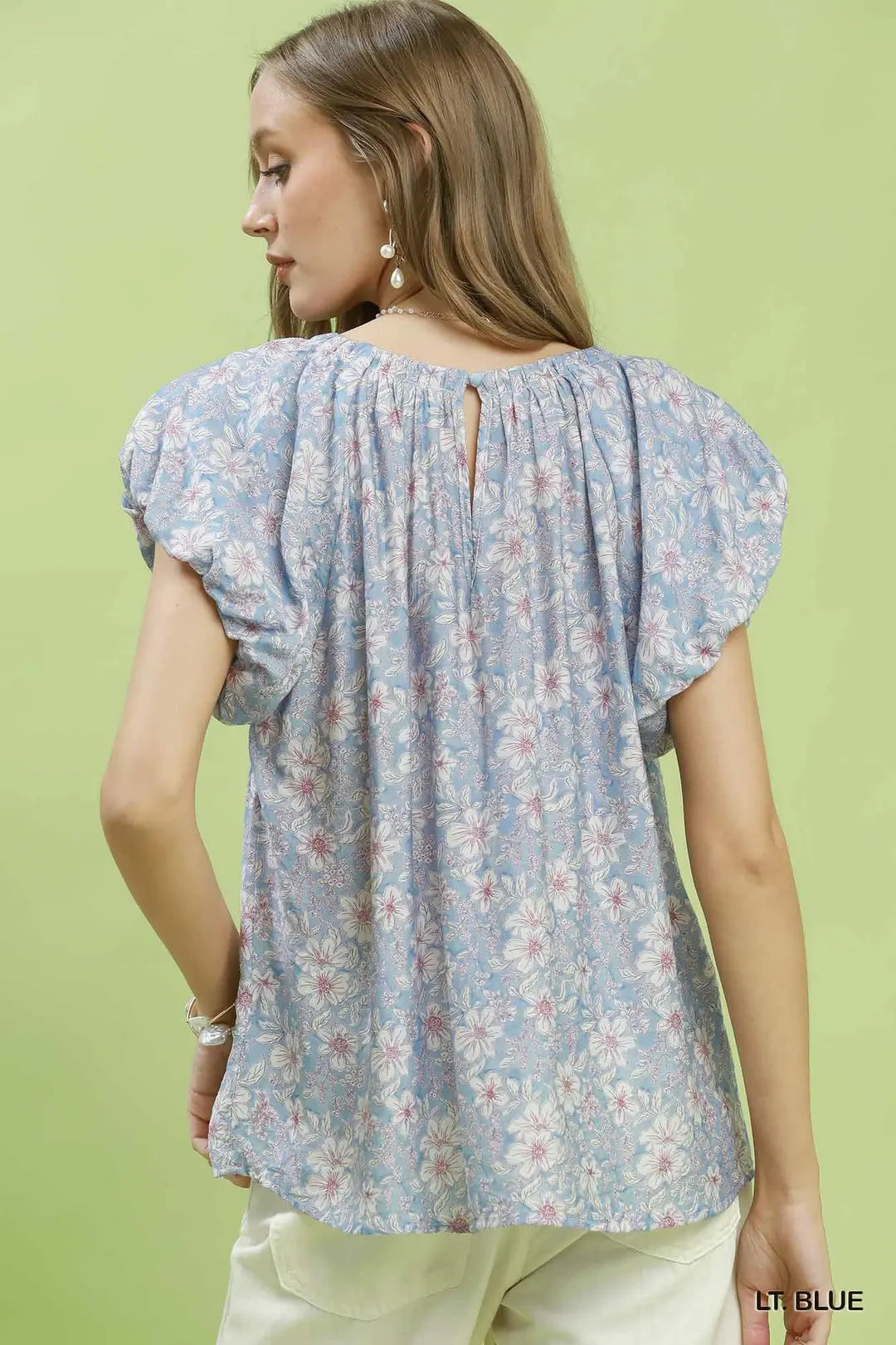 Umgee Floral Puff Sleeve Blouse - LT. BLUE / S