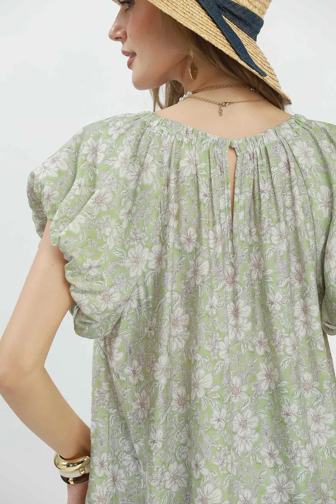 Umgee Floral Puff Sleeve Blouse - SAGE / S