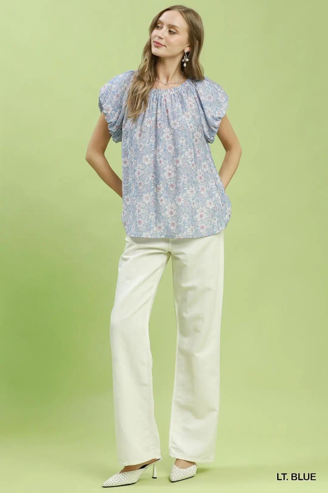 Umgee Floral Puff Sleeve Blouse - LT. BLUE / S