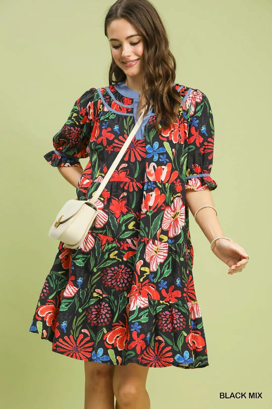 Umgee Floral Tiered Puff Sleeve Dress - BLACK MIX / S