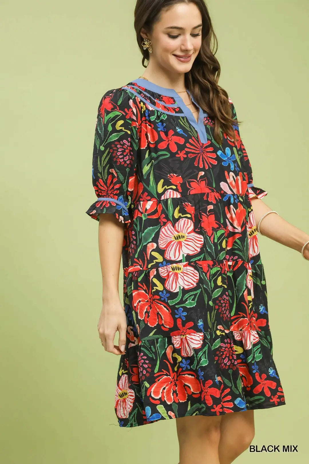 Umgee Floral Tiered Puff Sleeve Dress - BLACK MIX / S