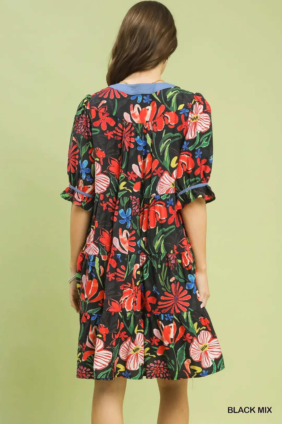Umgee Floral Tiered Puff Sleeve Dress - BLACK MIX / S