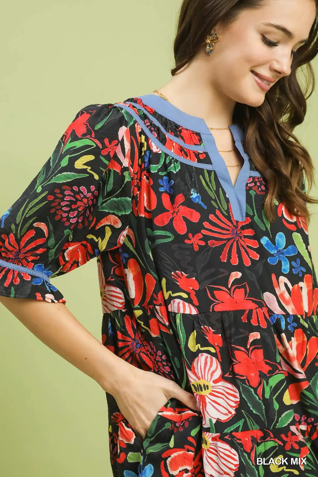 Umgee Floral Tiered Puff Sleeve Dress - BLACK MIX / S