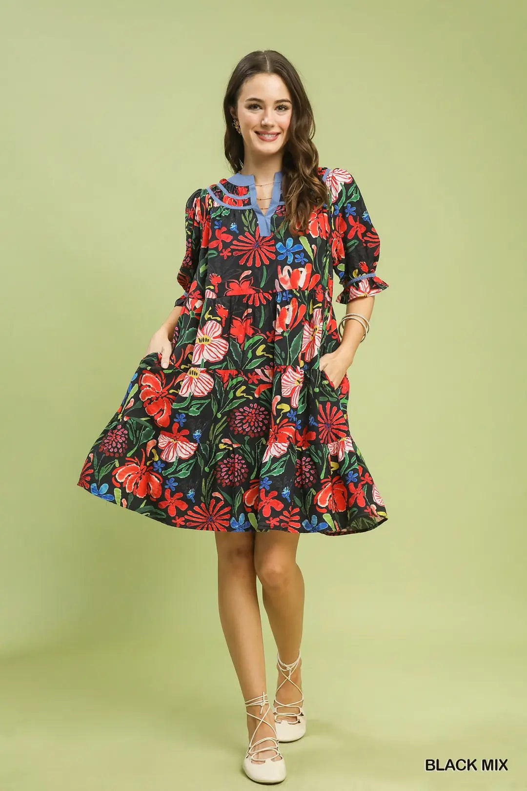 Umgee Floral Tiered Puff Sleeve Dress - BLACK MIX / S