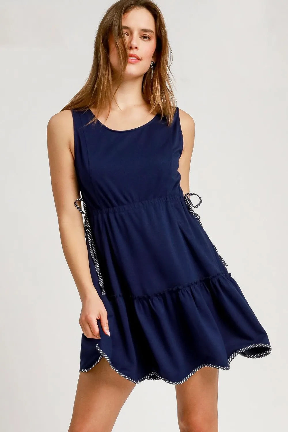 Umgee Frill Drawstring Waist Round Neck Mini Tank Dress - Dark Navy / XS