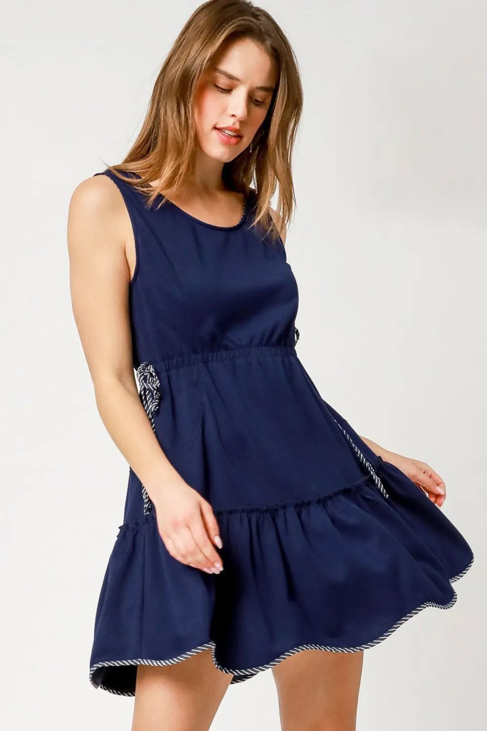 Umgee Frill Drawstring Waist Round Neck Mini Tank Dress - Dark Navy / XS