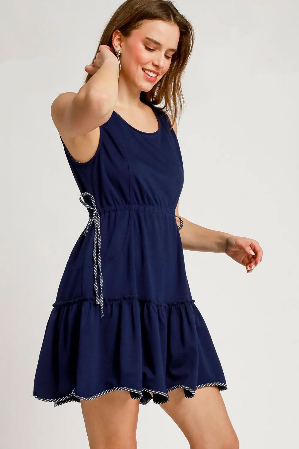 Umgee Frill Drawstring Waist Round Neck Mini Tank Dress - Dark Navy / XS