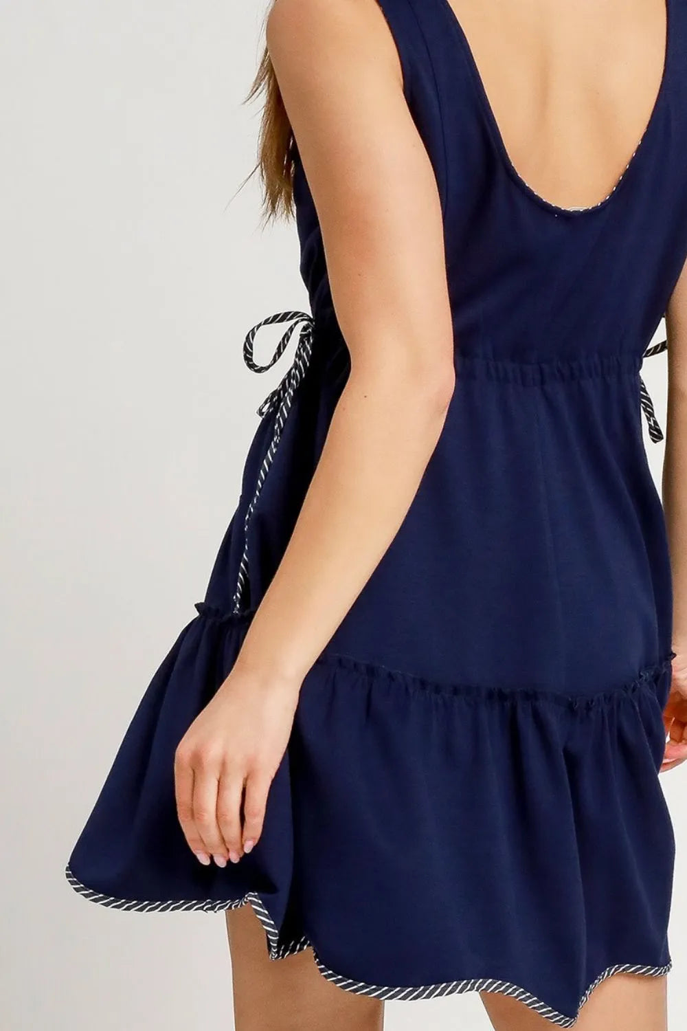 Umgee Frill Drawstring Waist Round Neck Mini Tank Dress - Dark Navy / XS