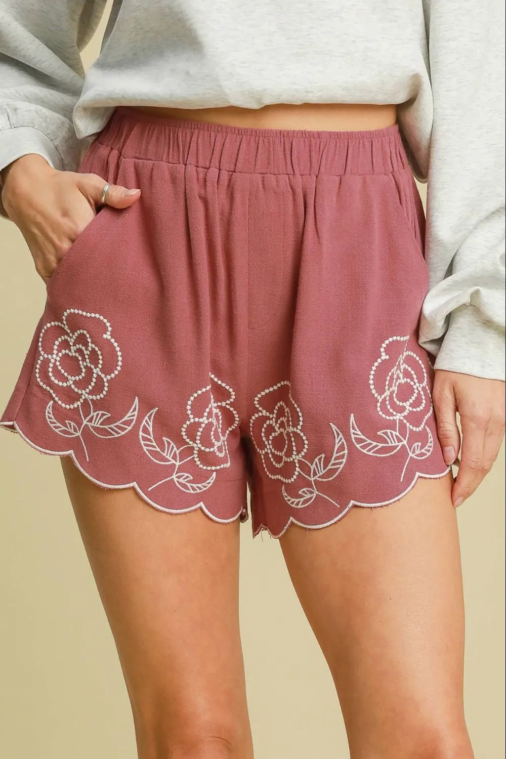 Umgee Full Size Linen Blend Shorts with Floral Embroidered Details Plus Size - Dusty Pink / S