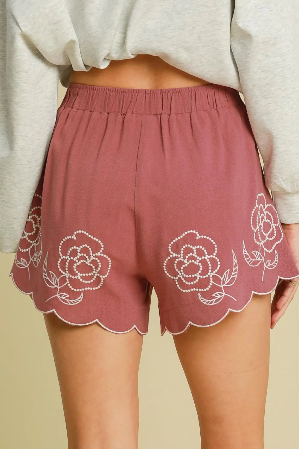 Umgee Full Size Linen Blend Shorts with Floral Embroidered Details Plus Size - Dusty Pink / S