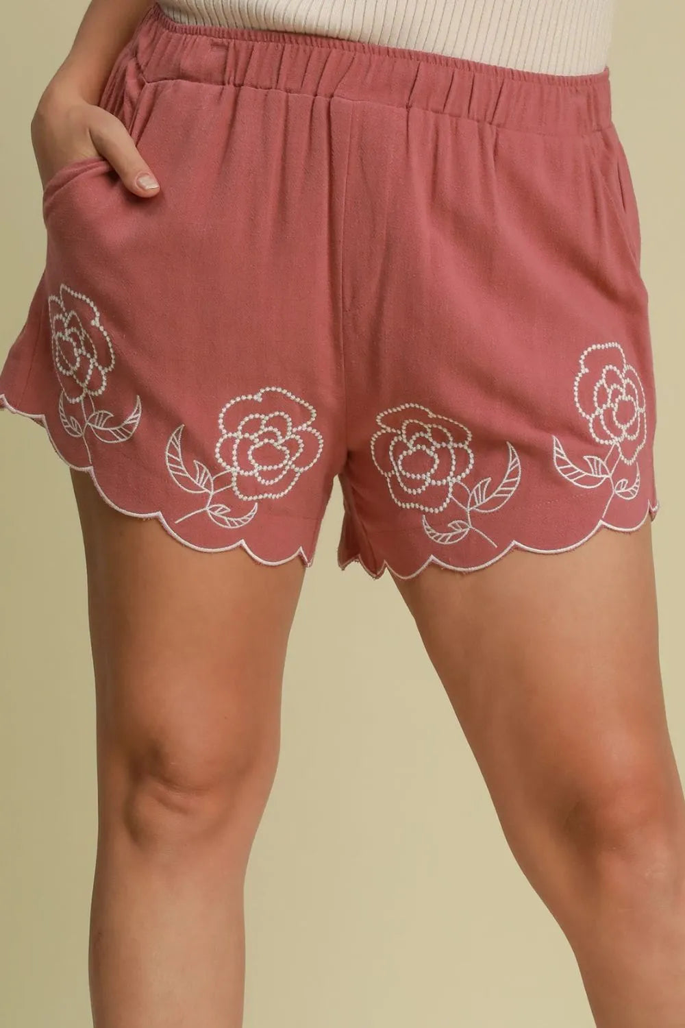 Umgee Full Size Linen Blend Shorts with Floral Embroidered Details Plus Size - Dusty Pink / S