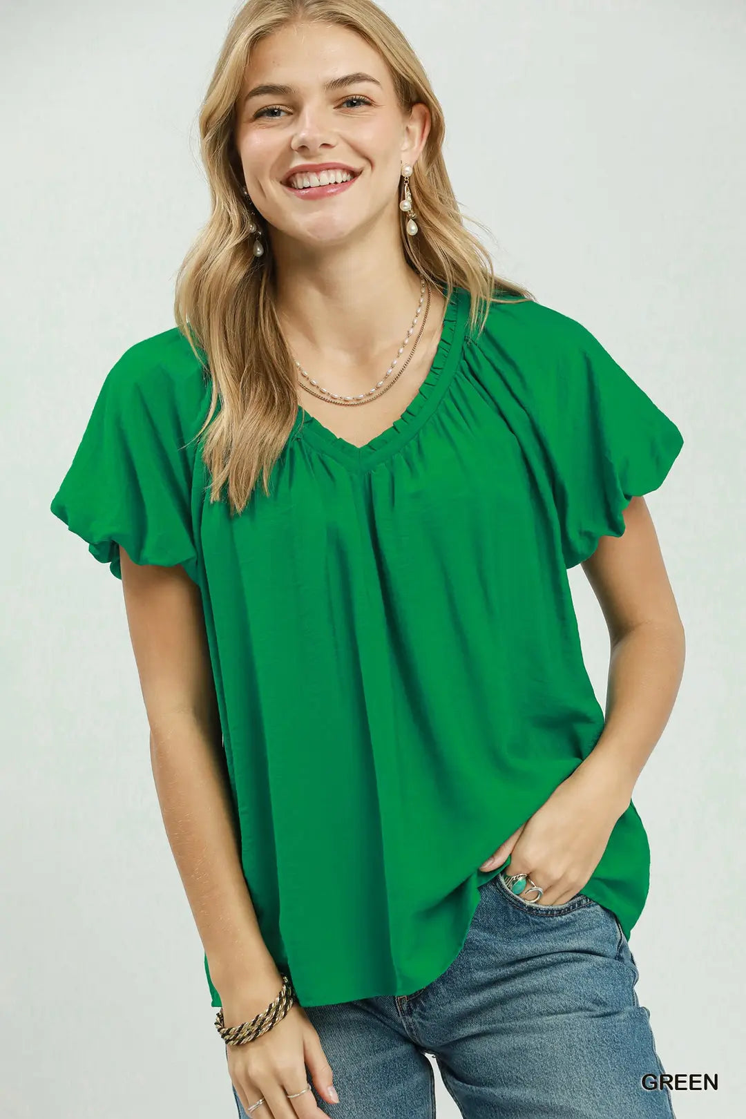 Umgee Gathered V-Neck Top - GREEN / S