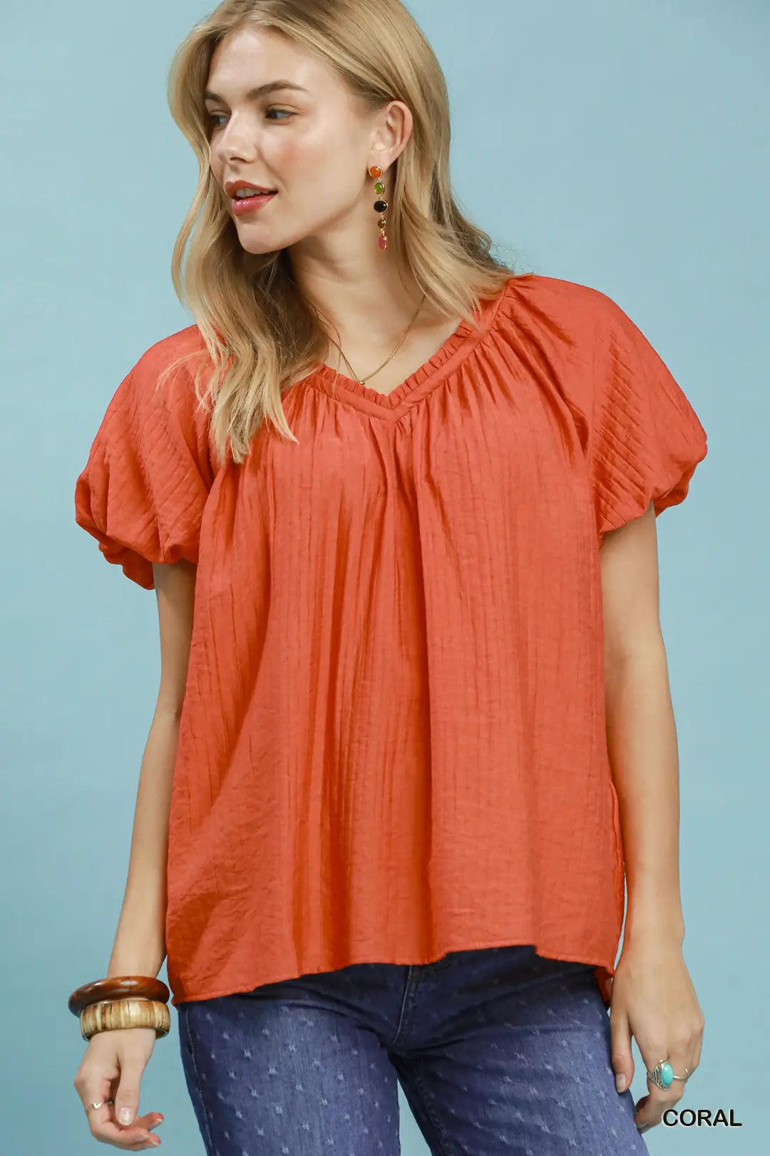 Umgee Gathered V-Neck Top - CORAL / S