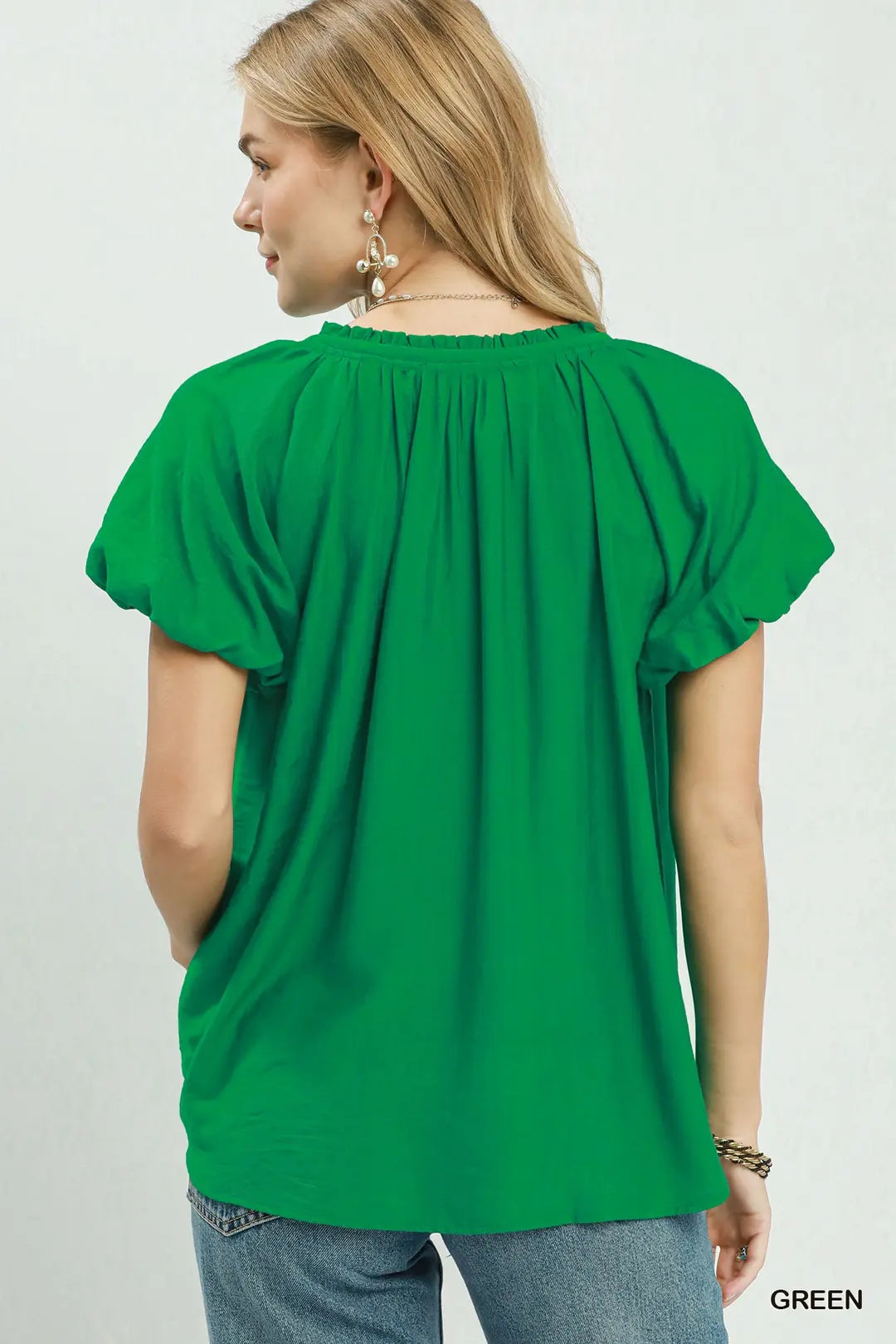 Umgee Gathered V-Neck Top - GREEN / S