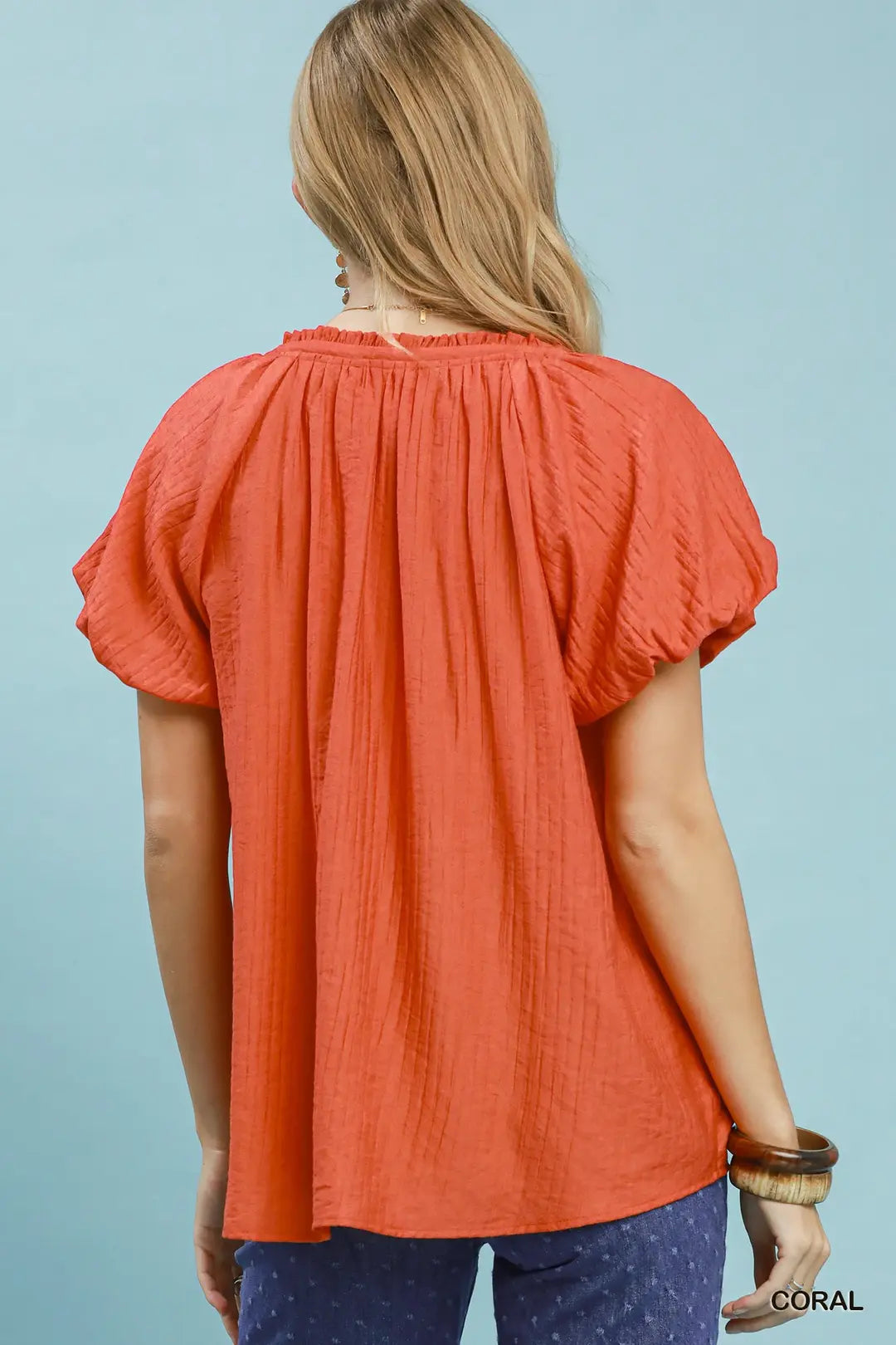 Umgee Gathered V-Neck Top - CORAL / S