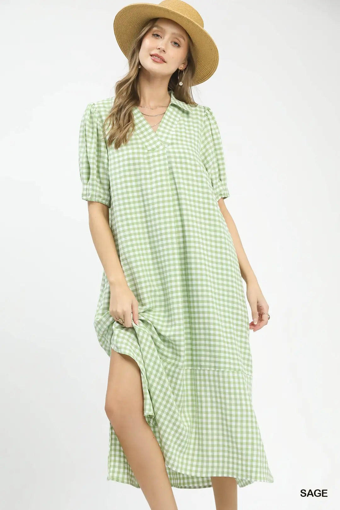 Umgee Gingham Midi Dress with Side Pockets - SAGE / S