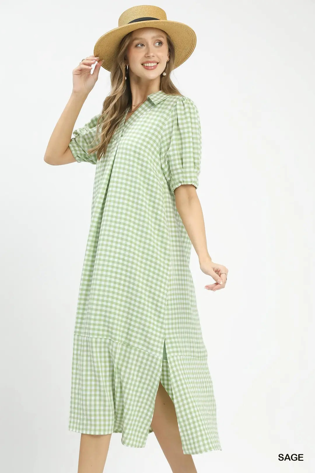 Umgee Gingham Midi Dress with Side Pockets - SAGE / S