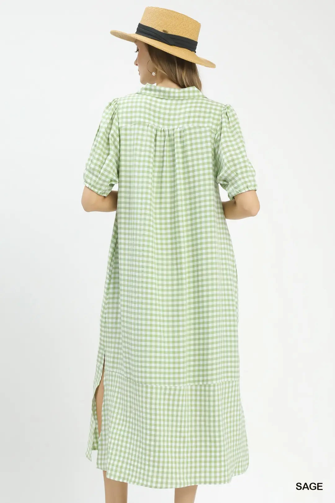 Umgee Gingham Midi Dress with Side Pockets - SAGE / S