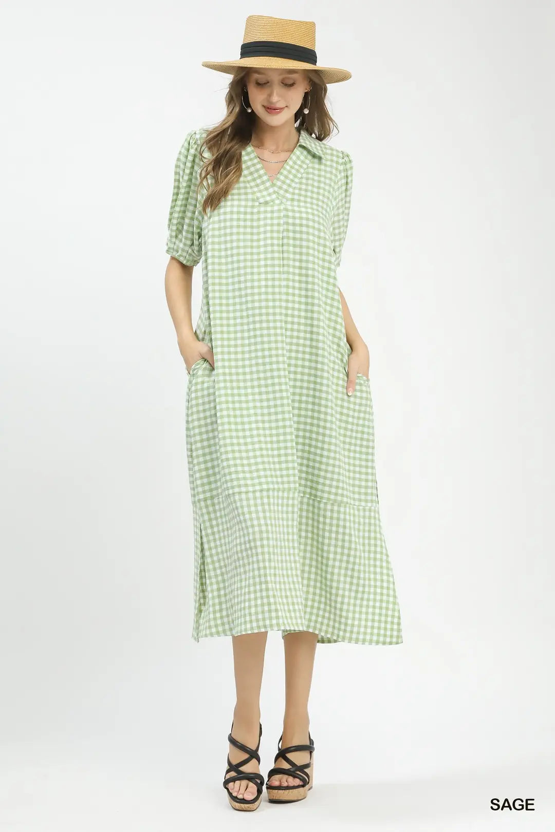 Umgee Gingham Midi Dress with Side Pockets - SAGE / S