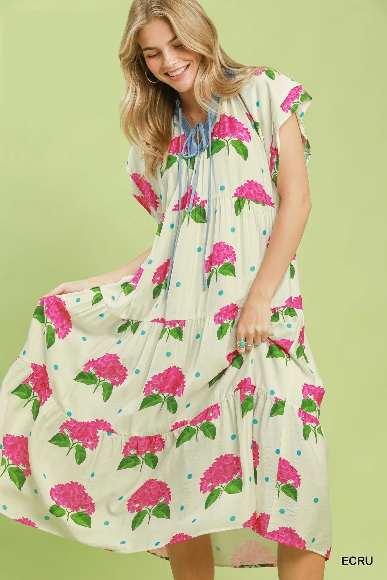 Umgee Hydrangea Print Tiered Midi Dress - Floral / S