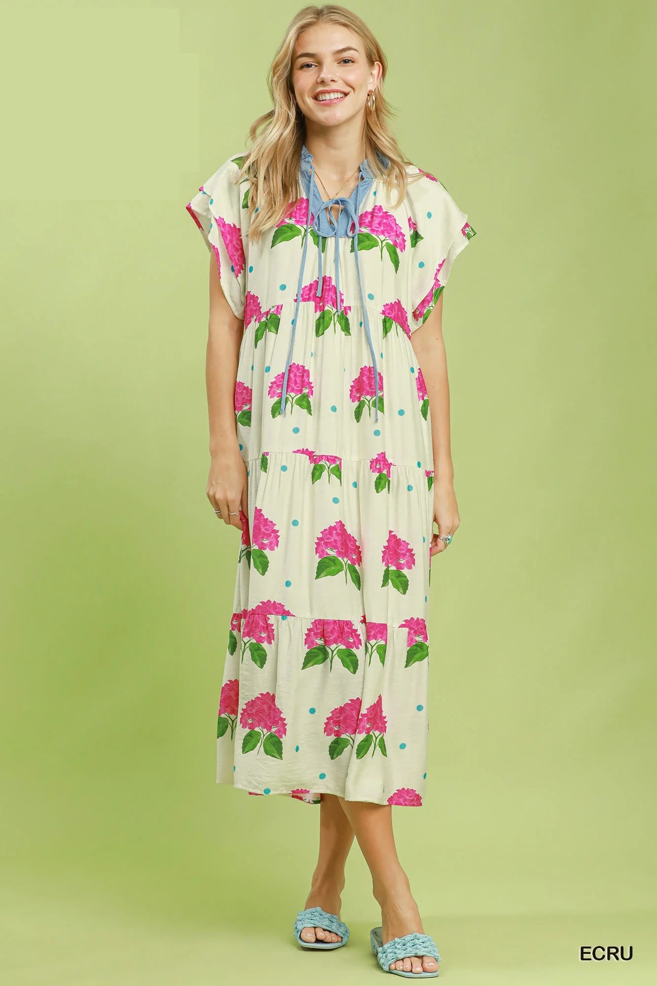 Umgee Hydrangea Print Tiered Midi Dress - Floral / S