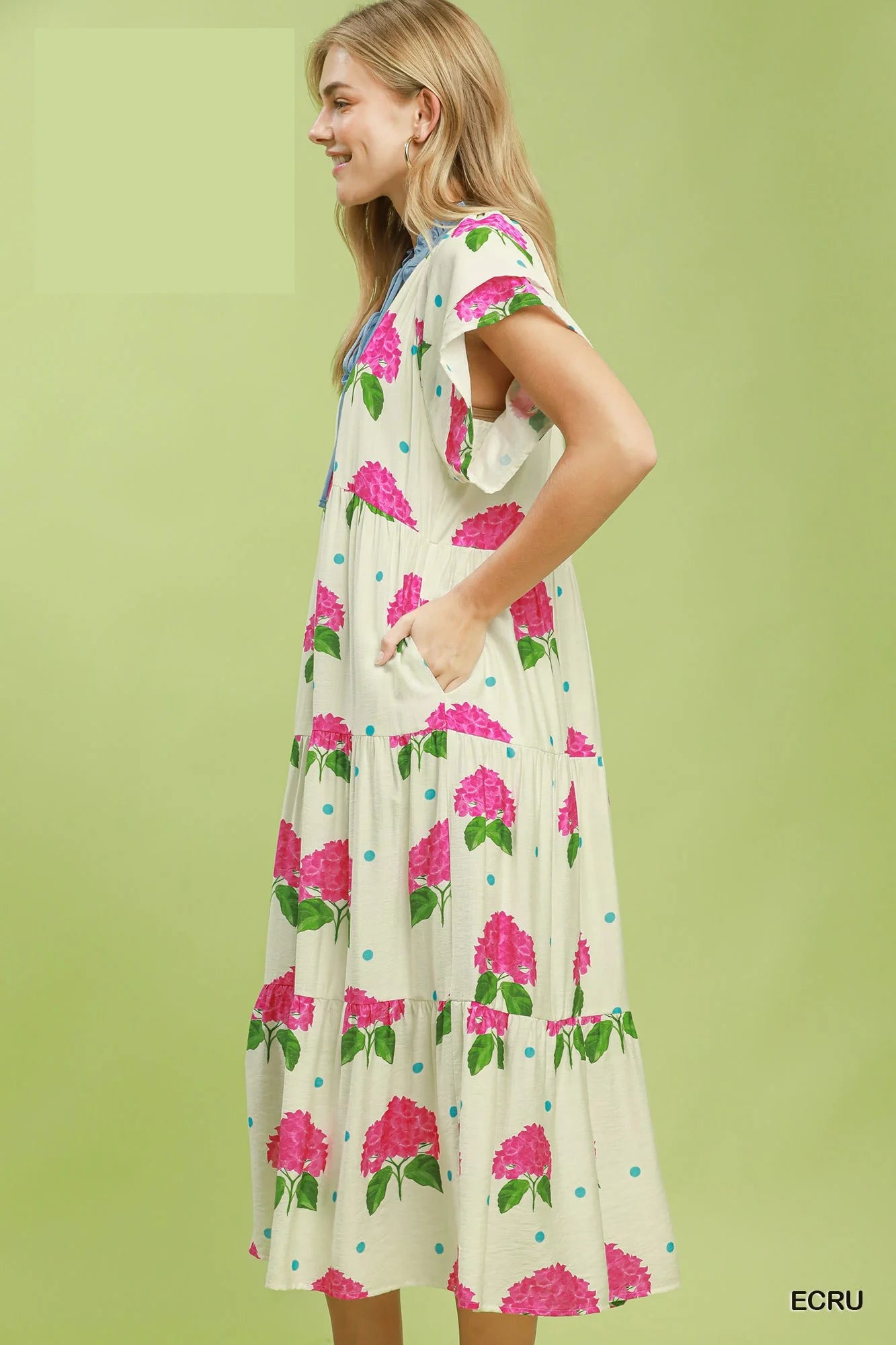 Umgee Hydrangea Print Tiered Midi Dress - Floral / S