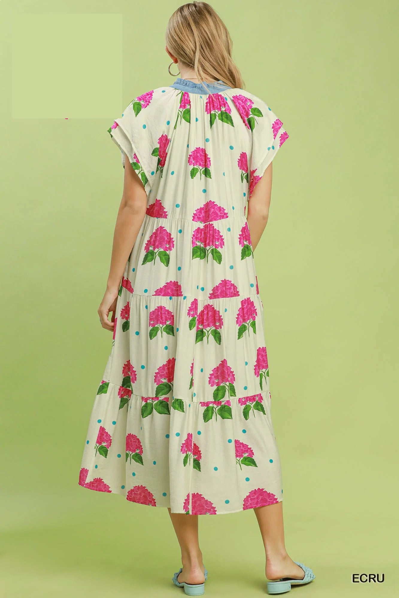 Umgee Hydrangea Print Tiered Midi Dress - Floral / S