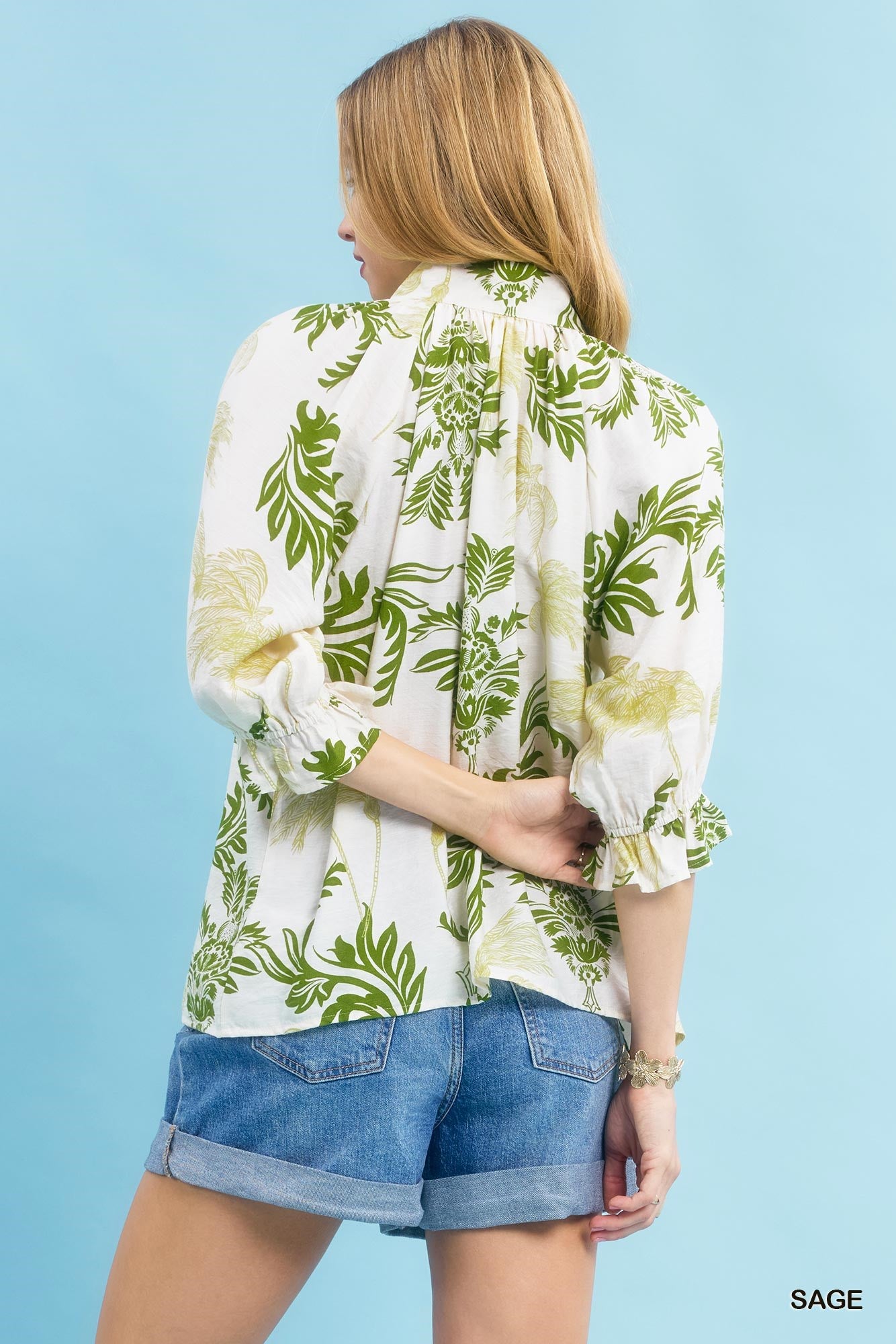 Umgee Leafy Damask Print Blouse with Contrast Scalloped Trim Detail - SAGE / S