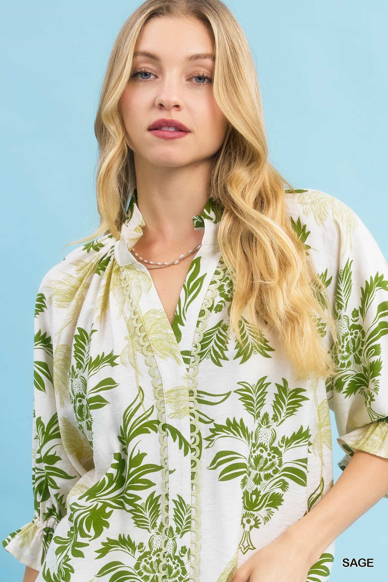 Umgee Leafy Damask Print Blouse with Contrast Scalloped Trim Detail - SAGE / S