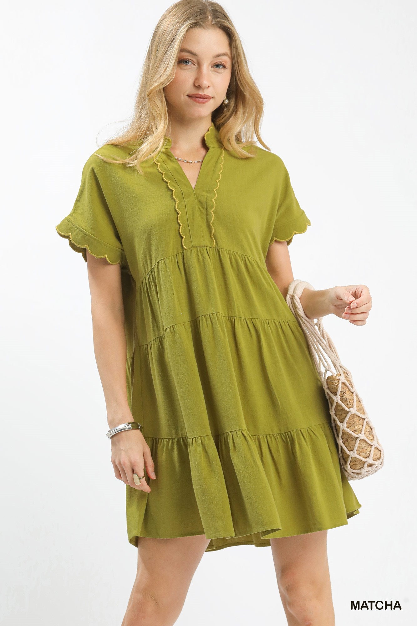 Umgee Linen Mini Dress with Scallop Trim - MATCHA / S