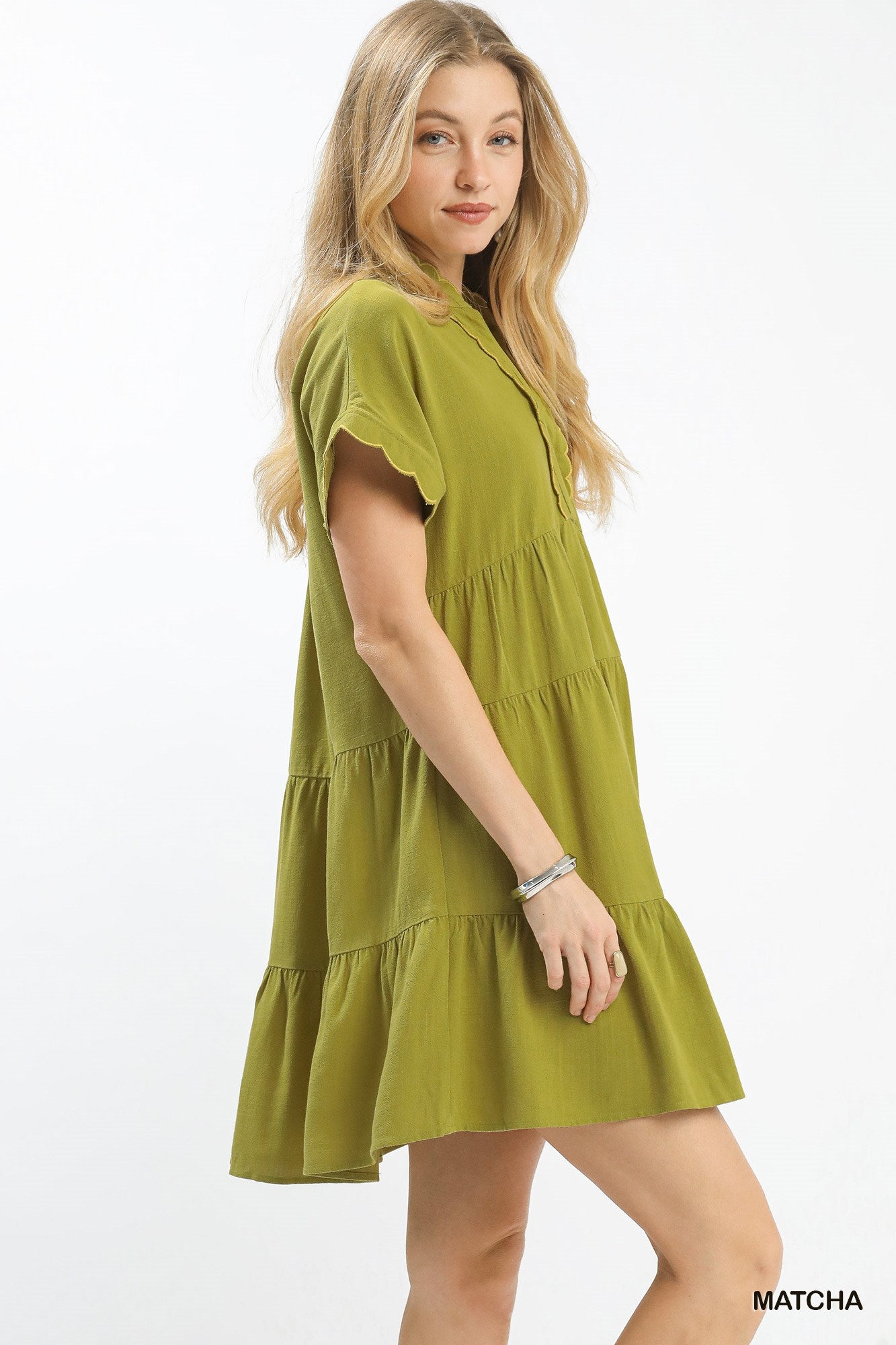 Umgee Linen Mini Dress with Scallop Trim - MATCHA / S