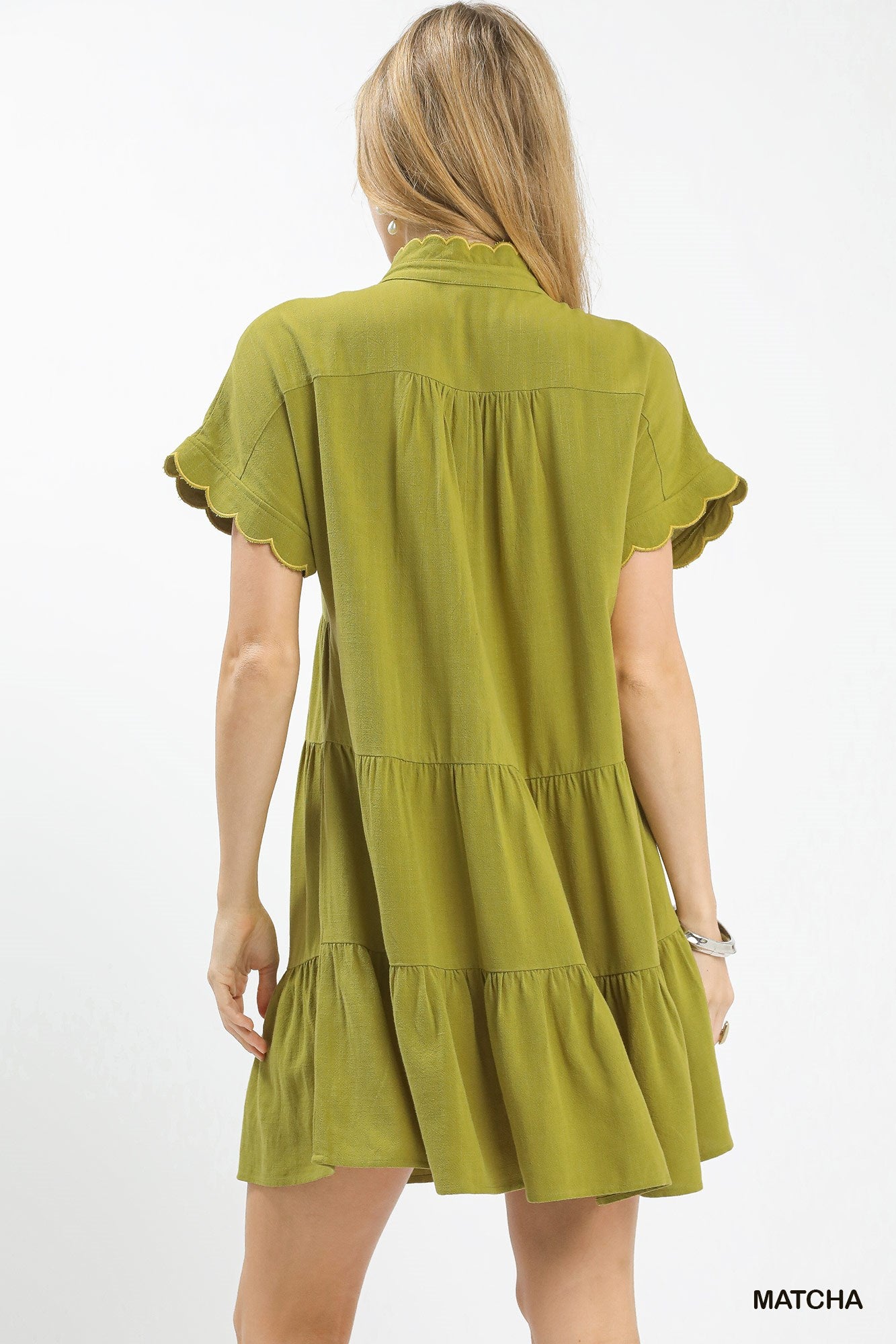 Umgee Linen Mini Dress with Scallop Trim - MATCHA / S