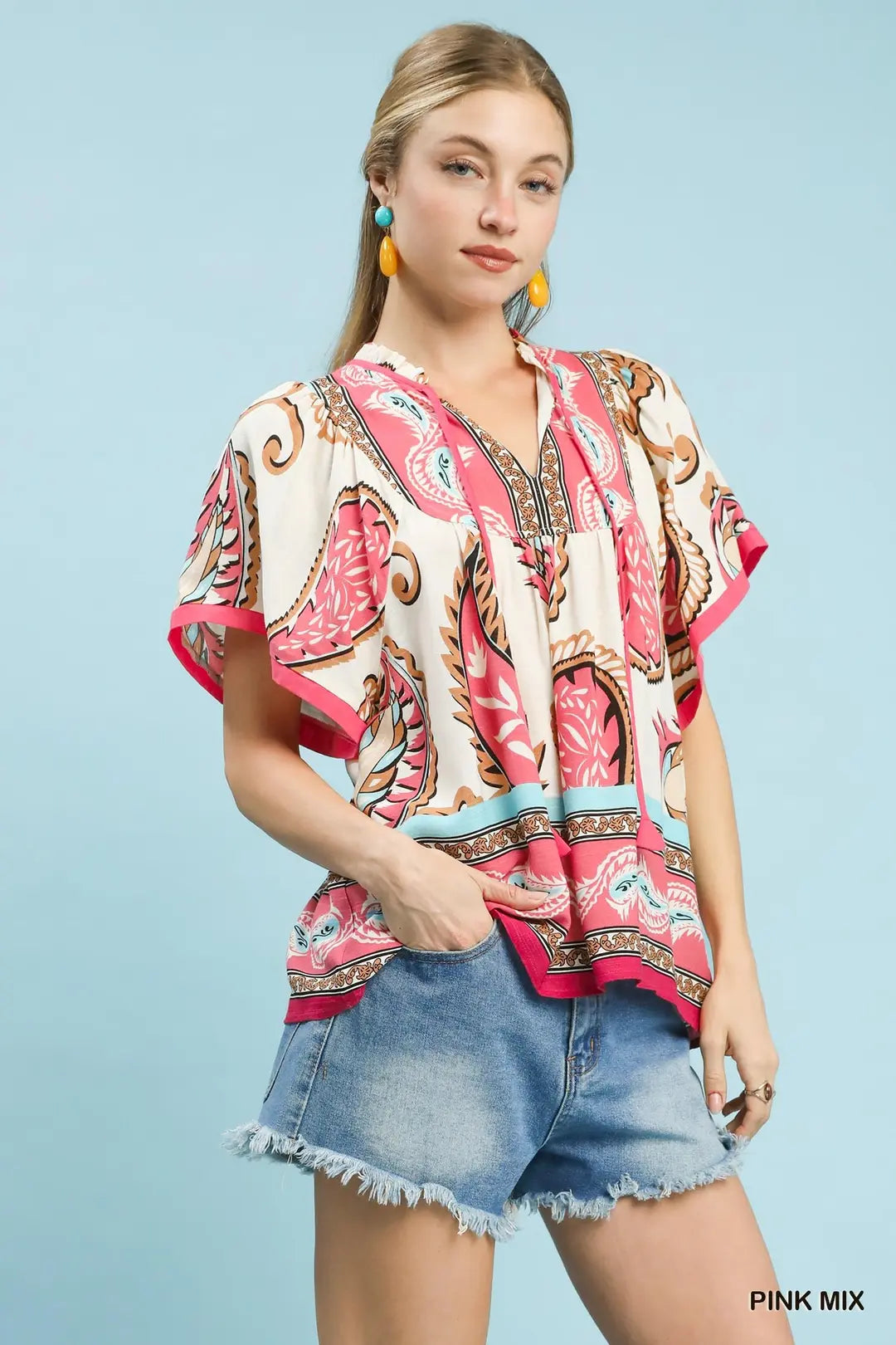 Umgee Mix Paisley Border Print Tassel Top - PINK MIX / S
