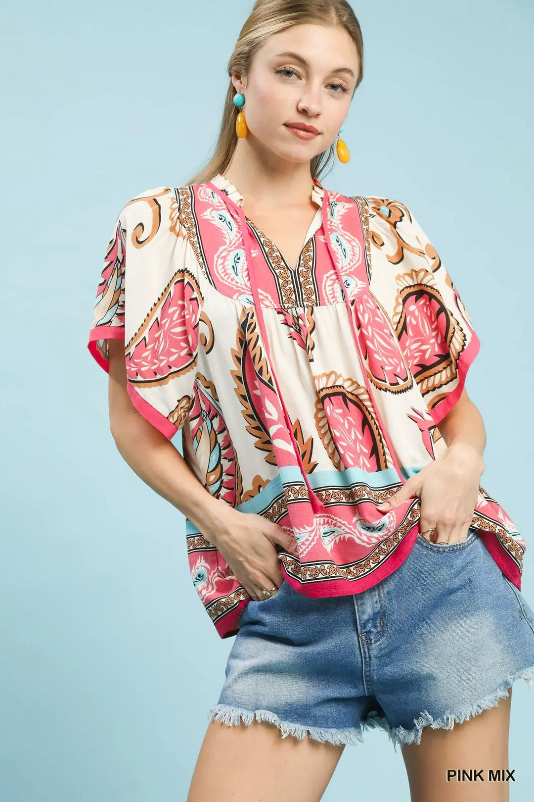 Umgee Mix Paisley Border Print Tassel Top - PINK MIX / S