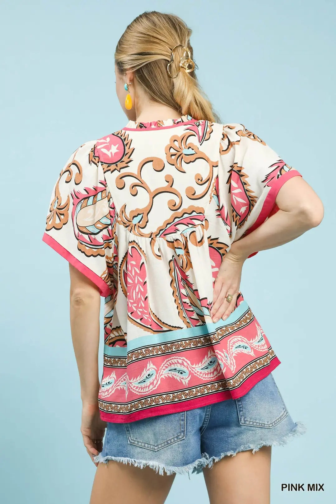 Umgee Mix Paisley Border Print Tassel Top - PINK MIX / S