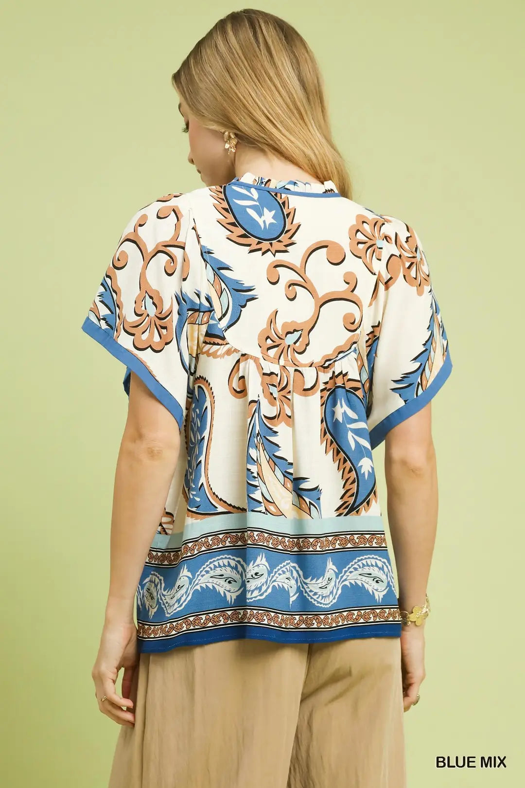 Umgee Mix Paisley Border Print Tassel Top - BLUE / S