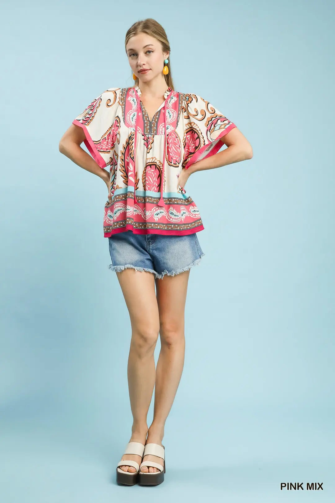 Umgee Mix Paisley Border Print Tassel Top - PINK MIX / S