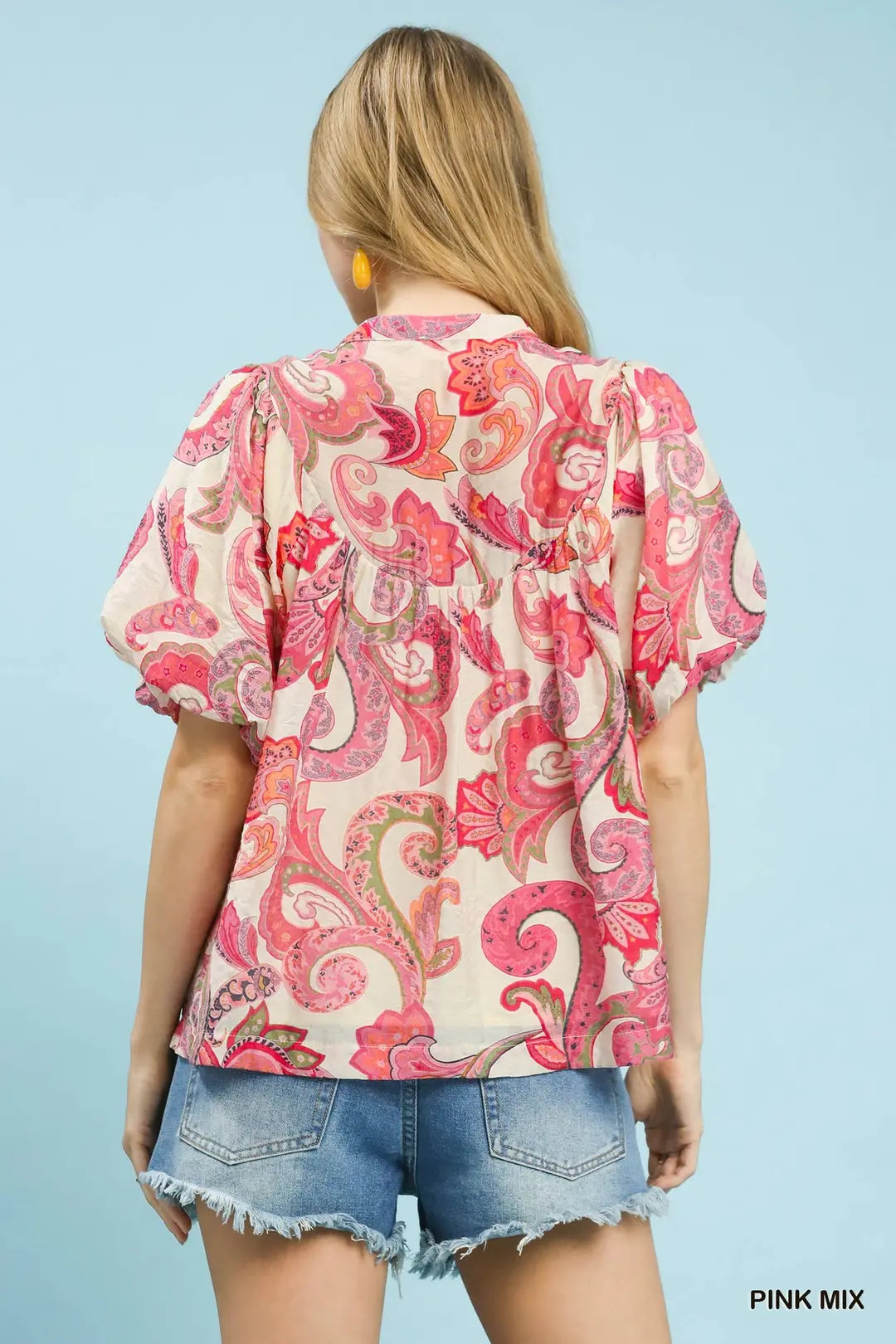 Umgee Mix Paisley Print Peasant Top with Tie Neck - PINK MIX / S