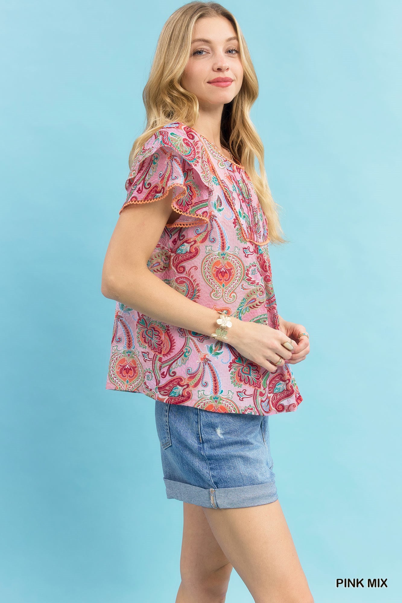 Umgee Mix Paisley Ruffle Sleeve Top - PINK / S
