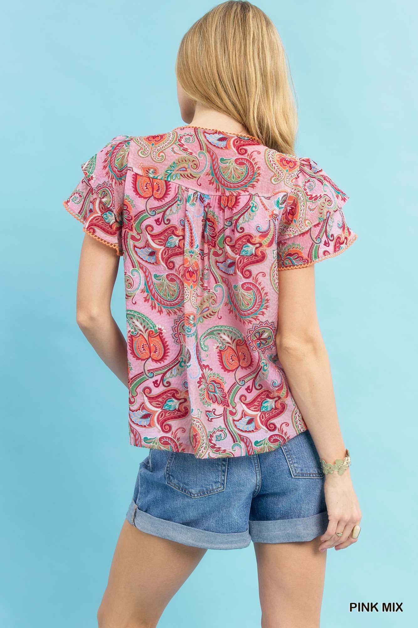 Umgee Mix Paisley Ruffle Sleeve Top - PINK / S